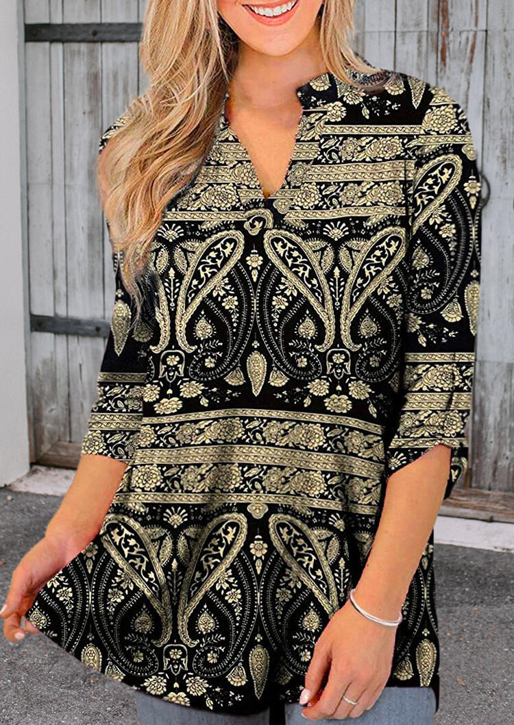 

Paisley Button Tab-Sleeve V-Neck Blouse - Black, 485752