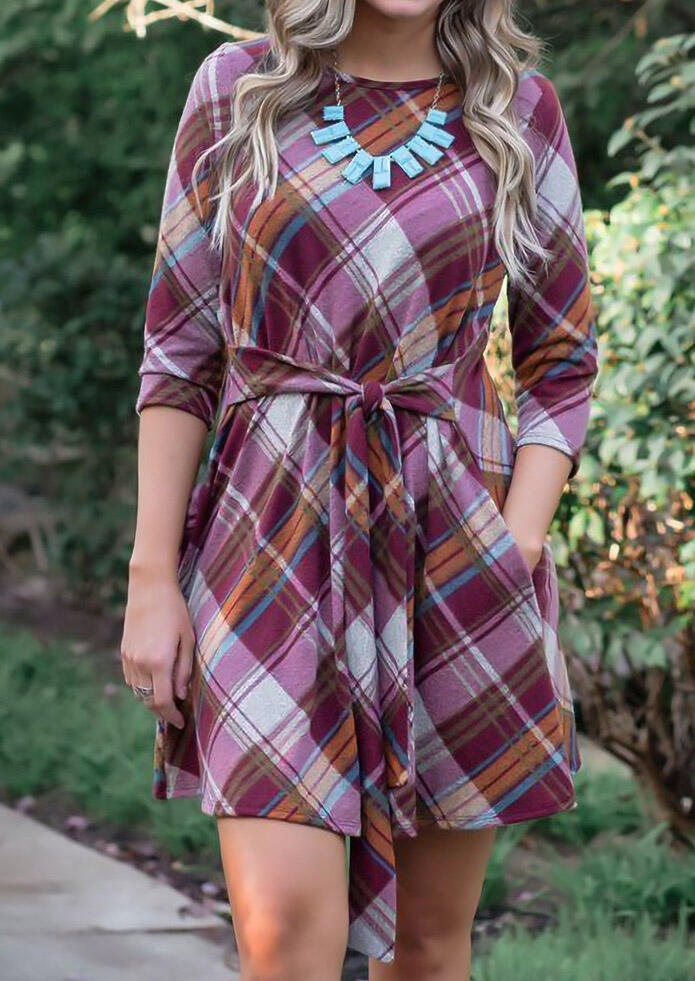 

Plaid Tie Front Pocket Three Quarter Sleeve Mini Dress Without Necklace, 485753