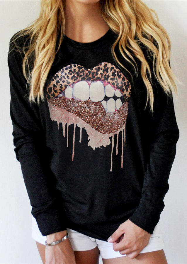 

Leopard Lips O-Neck Pullover Sweatshirt - Black, 485754