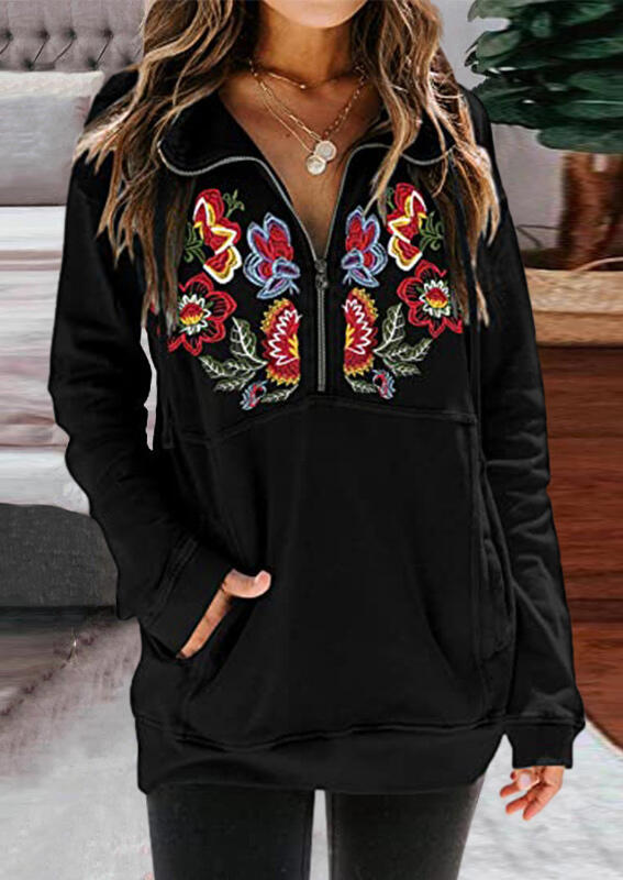 

Floral Leaf Kangaroo Pocket Zipper Collar Sweatshirt - Black, 485757