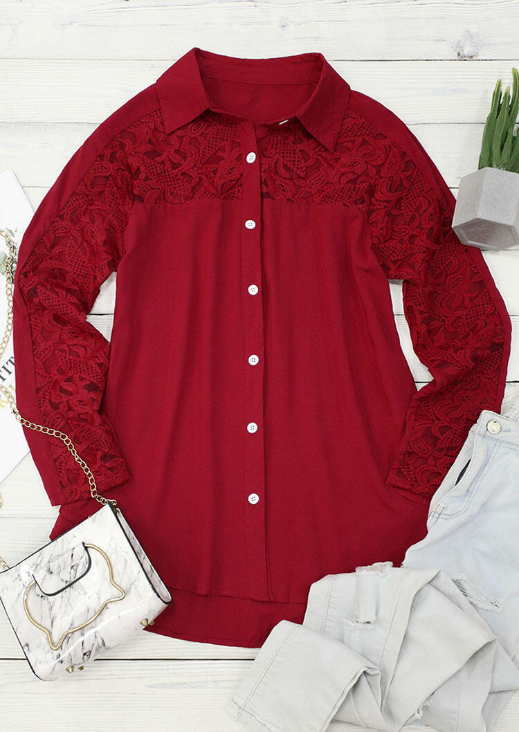 

Lace Splicing Button Long Sleeve Shirt - Burgundy, 485794