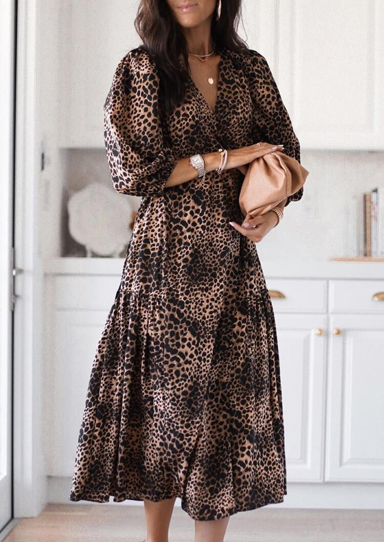 

Leopard Ruffled Wrap V-Neck Midi Cardigan Dress, 485799