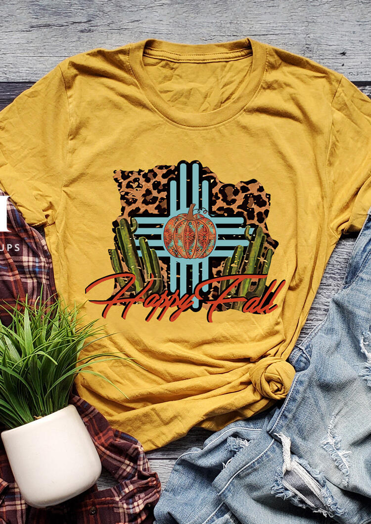 

Leopard Cactus Aztec Pumpkin Cross Happy Fall T-Shirt Tee - Yellow, 485842