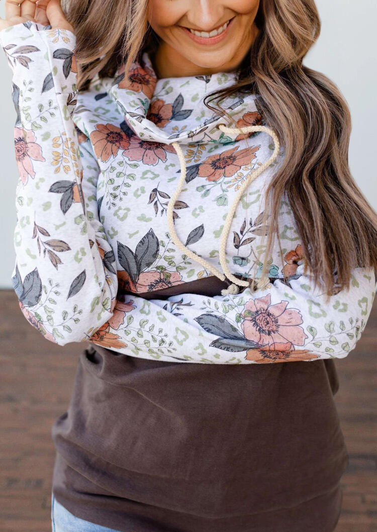 

Floral Splicing Drawstring Cowl Neck Pullover Sweatshirt, Multicolor, 485861
