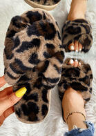 Leopard Cross Band Plush Warm Flat Slippers