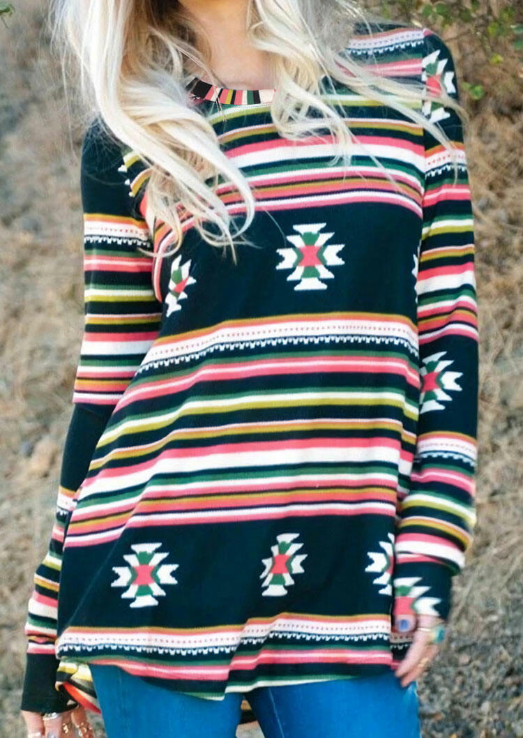 

Aztec Geometric Serape Striped Long Sleeve Blouse, Multicolor, 485739