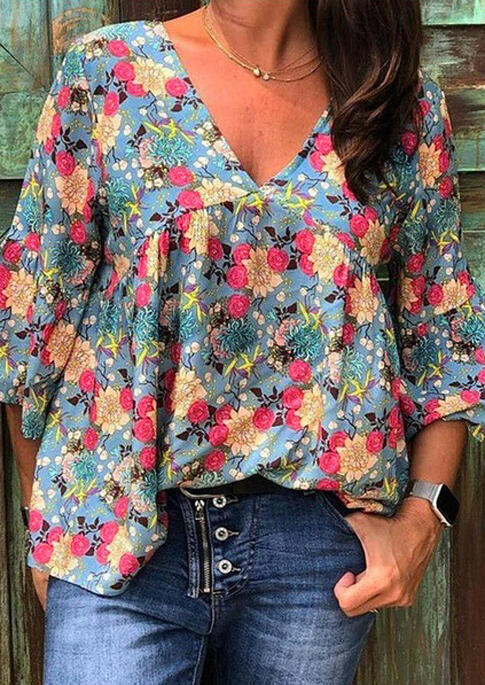 

Floral Ruffled V-Neck Blouse - Blue, 485893