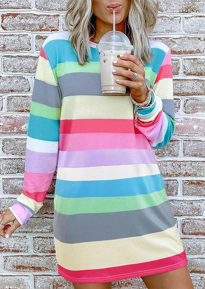 

Striped Color Block Long Sleeve Mini Dress, Multicolor, 485908