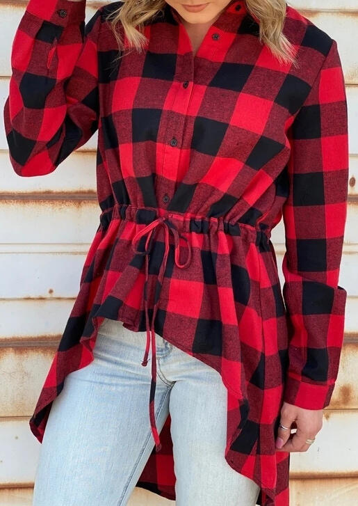 

Buffalo Plaid Button Drawstring Asymmetric Shirt - Red, 485953