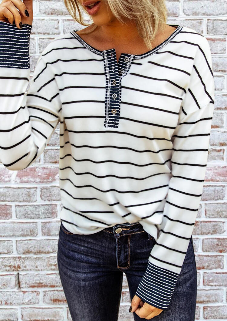 

Striped Splicing Button Long Sleeve Blouse - White, 485960