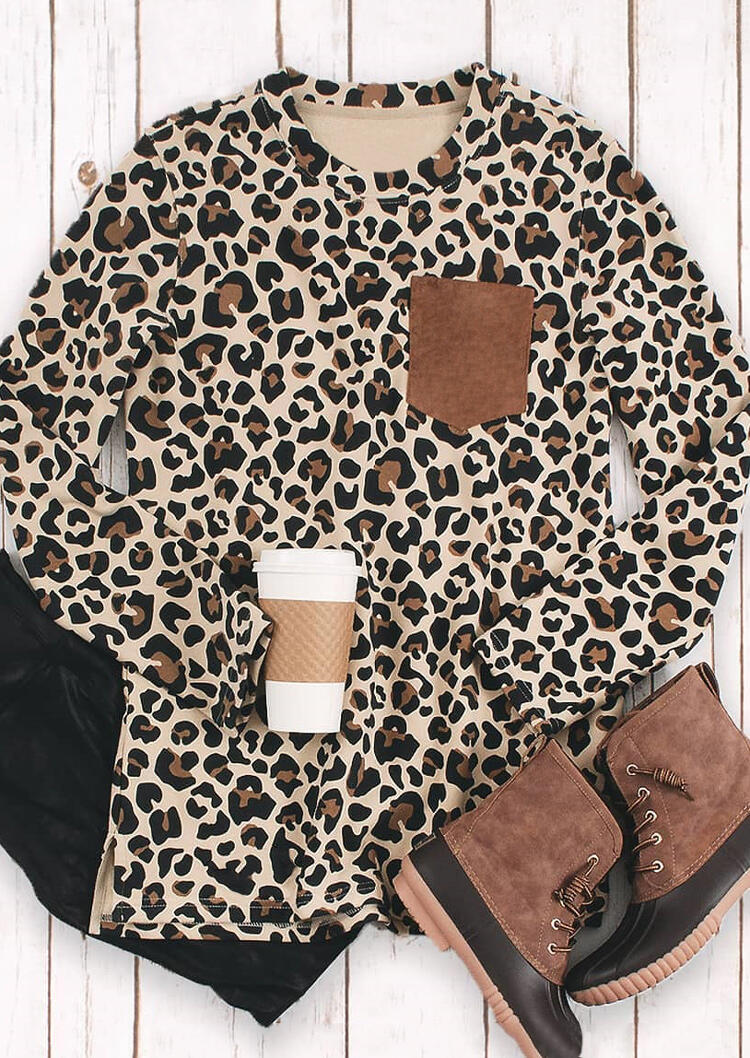 

Leopard Splicing Pocket Slit Long Sleeve Blouse, 485974