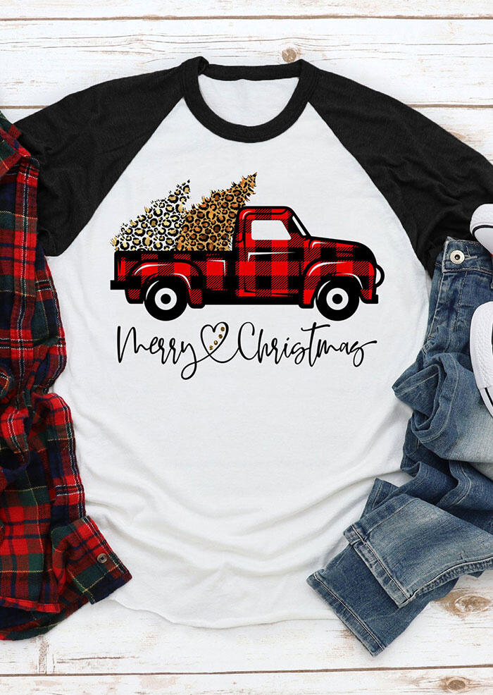 

Merry Christmas Leopard Tree Buffalo Plaid Truck T-Shirt Tee - White, 486012