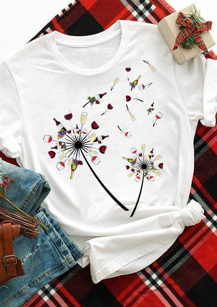 

Wine Dandelion O-Neck T-Shirt Tee - White, 486016