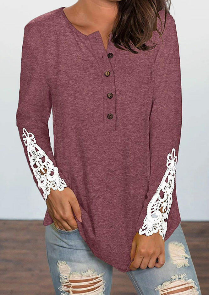 

Lace Splicing Button V-Neck Long Sleeve Blouse - Plum, 486018