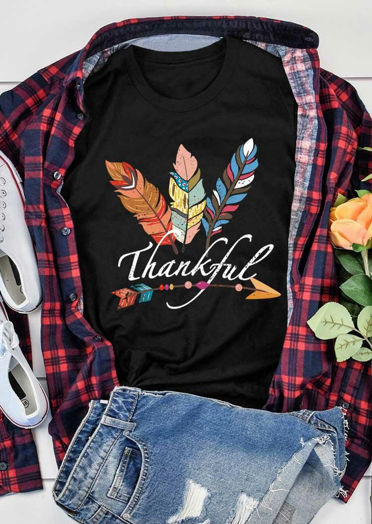 

Thankful Colorful Feather Arrow Letter T-Shirt Tee - Black, 483533