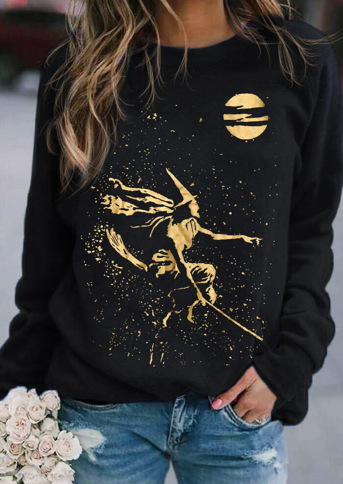 

Halloween Flying Witch O-Neck Pullover Sweatshirt - Black, 484977