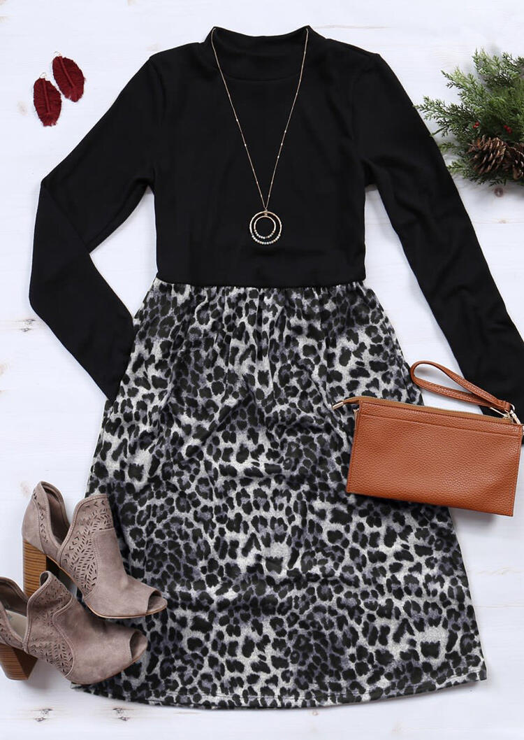 Leopard Splicing Pocket Long Sleeve Mini Dress - Black