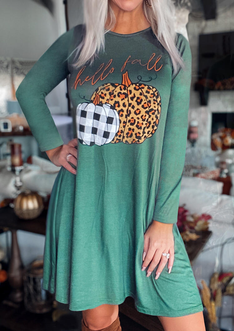 Leopard Plaid Pumpkin Hello Fall Mini Dress - Green