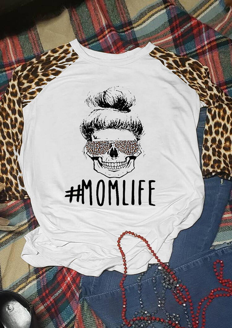 

Leopard Skull Splicing Mom Life T-Shirt Tee - White, 485999