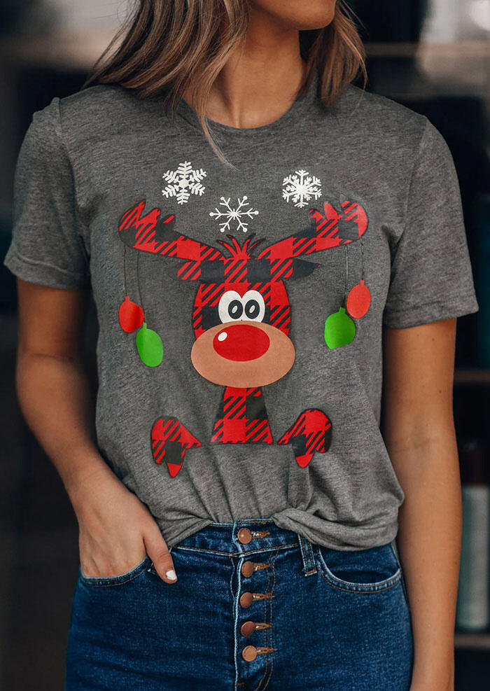 Plaid Reindeer Snowflake T-Shirt Tee - Dark Grey