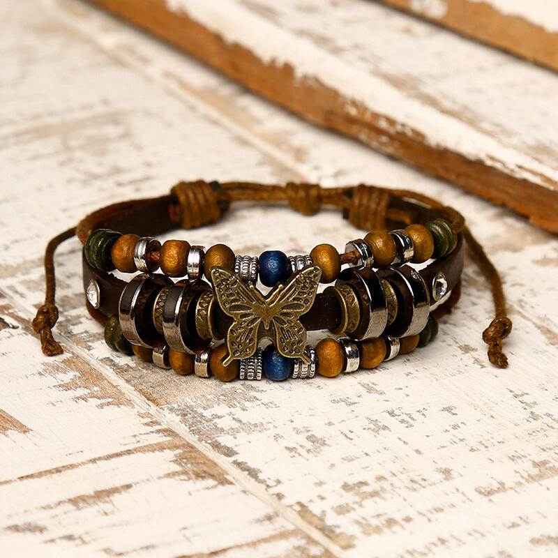

Vintage Beading Butterfly Multi-Layered Adjustable Braided Bracelet, Dark brown, 486025