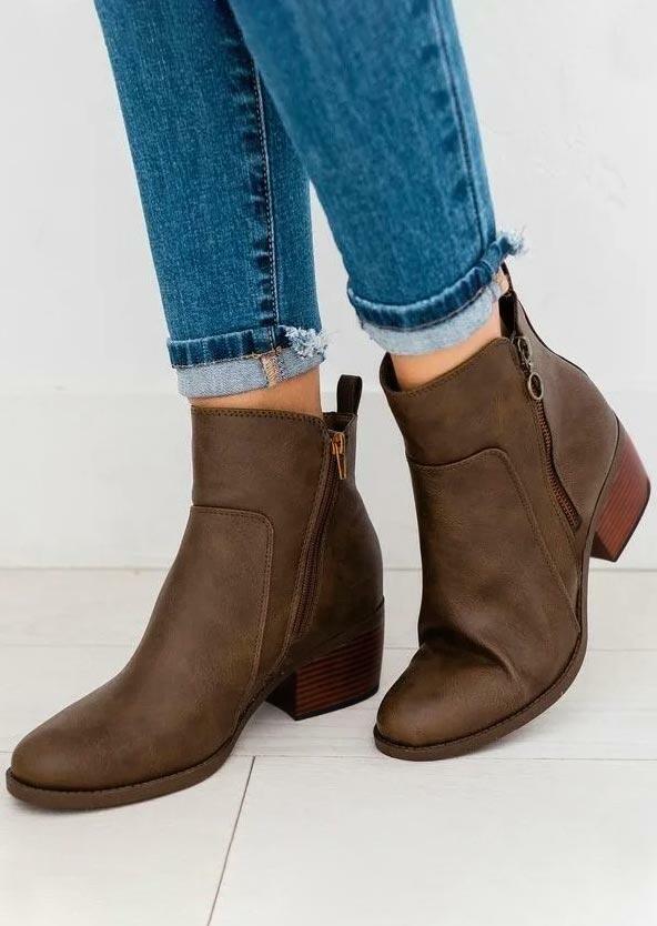 

Zipper PU Chunky Heel Ankle Boots - Coffee, 486057