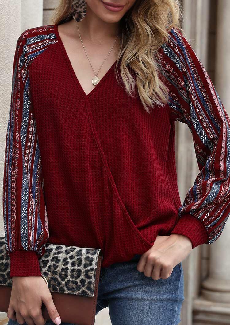 

Vintage Waffle Elastic Cuff Wrap V-Neck Blouse - Burgundy, 486063