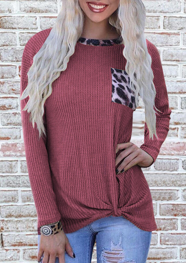 

Leopard Splicing Twist Pocket O-Neck Pullover Sweater - Brick Red, 480538