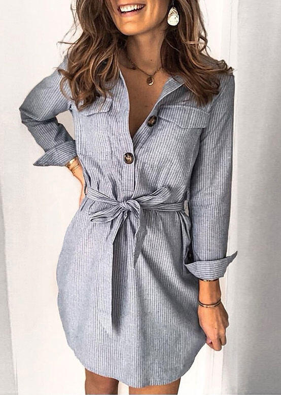 

Striped Pocket Tie Turn-Down Collar Mini Dress - Gray, 485442