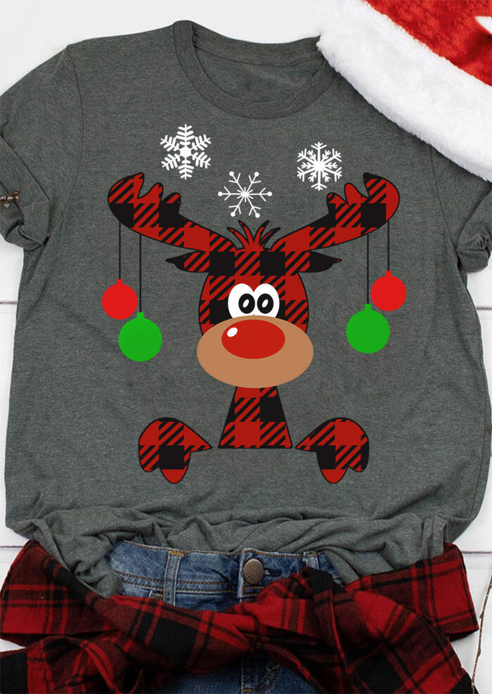

Plaid Reindeer Snowflake T-Shirt Tee - Dark Grey, Gray, 486004