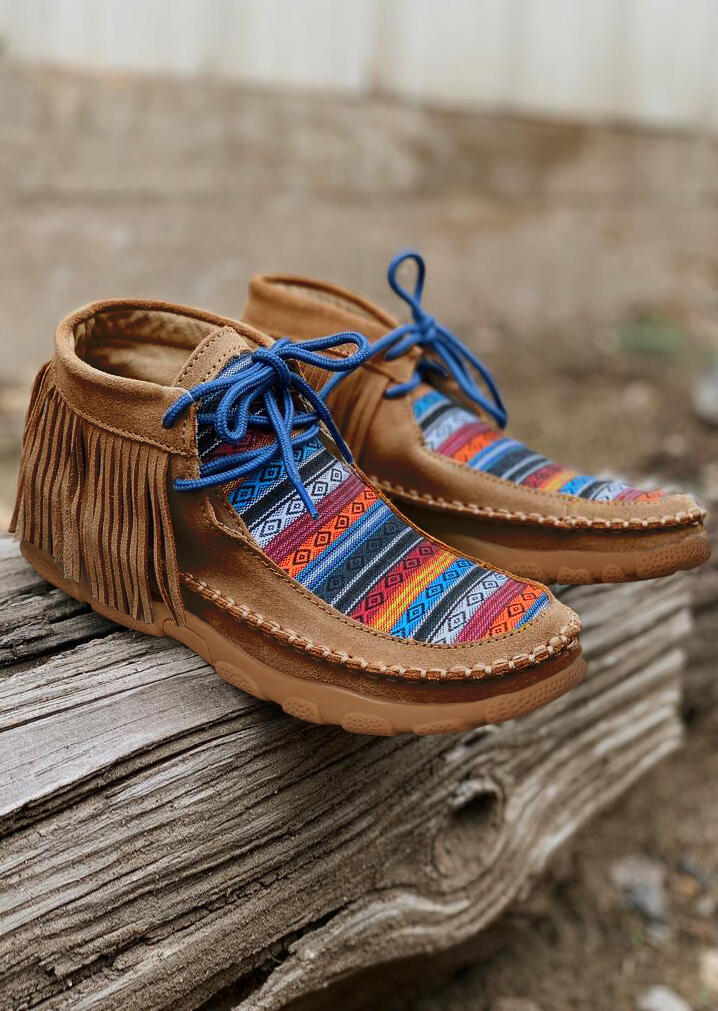 

Serape Striped Geometric Tassel Western Flat Boots - Light Coffee, 486049