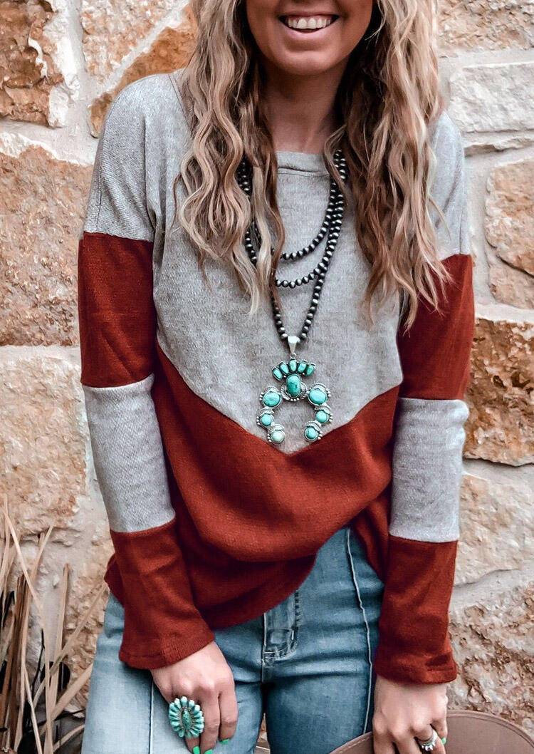 

Color Block Splicing Long Sleeve Blouse, Multicolor, 486199