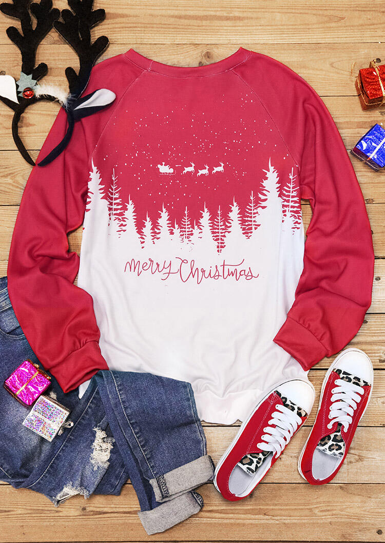Merry Christmas Reindeer Tree Pullover Sweatshirt - Red