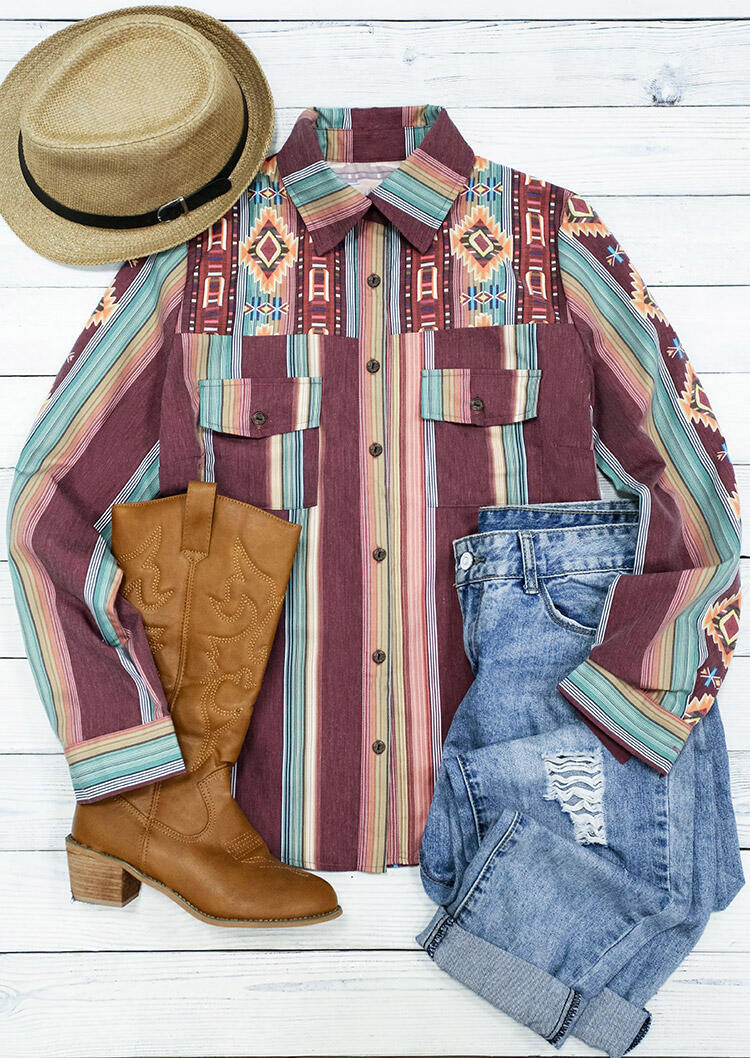 

Aztec Geometric Western Colorful Striped Button Pocket Shirt, Multicolor, 486071