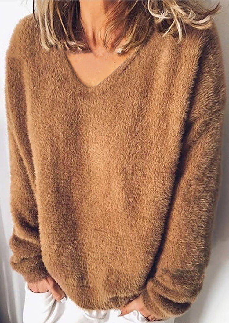 

V-Neck Long Sleeve Fleece Sweatshirt - Brown, 486077