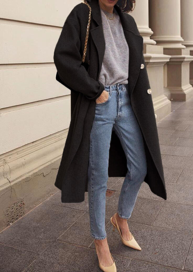 

Winter Classic Double Breasted Lapel Trench Coat - Black, 486157