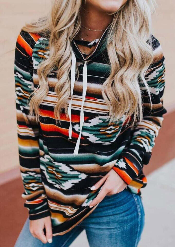 

Striped Aztec Geometric Drawstring Cowl Neck Sweatshirt, Multicolor, 486210