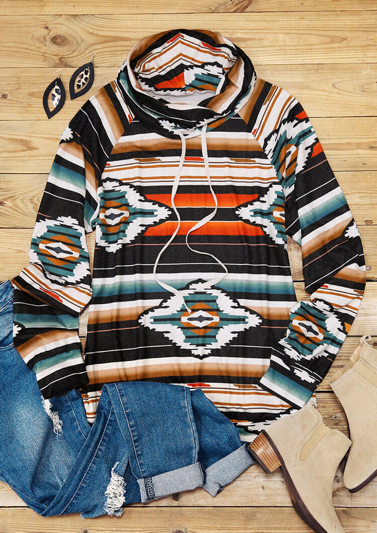 Striped Aztec Geometric Drawstring Cowl Neck Sweatshirt