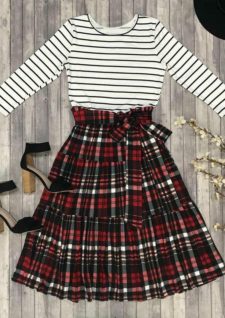 

Plaid Splicing Striped Casual Dress, 486214