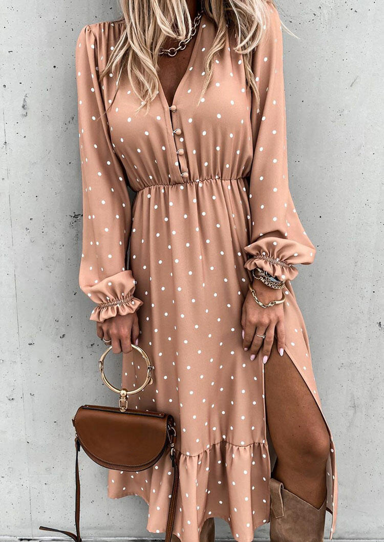 

Polka Dot Ruffled Slit Long Sleeve Midi Dress - Flesh, 486262