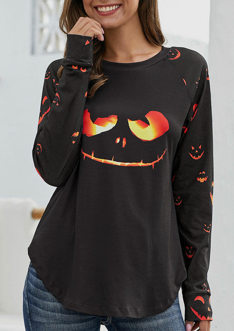

Halloween Pumpkin Face O-Neck Long Sleeve Blouse - Black, 486265