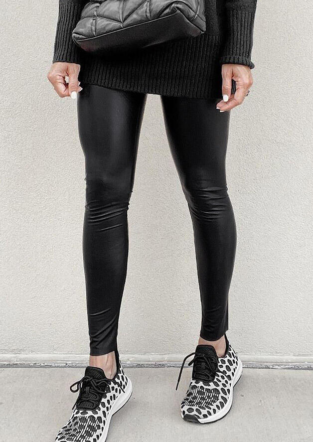 

Winter Warm Faux Leather Stretchy Tight Leggings, Black, 486350