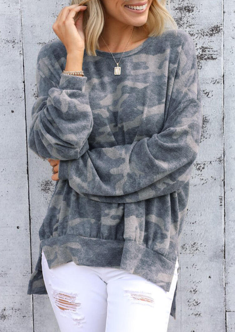 

Camouflage O-Neck Long Sleeve Slit Sweatshirt, 486353
