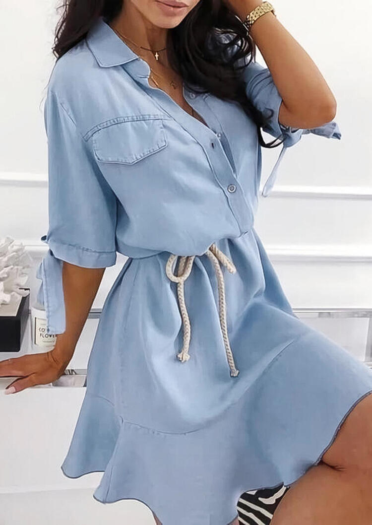 

Ruffled Tie Elastic Waist Button Fake Pocket Mini Dress - Light Blue, 486088