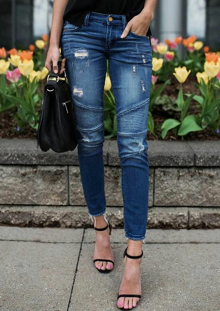 

Ripped Hole Pocket Ruffled Denim Jeans - Blue, 486164