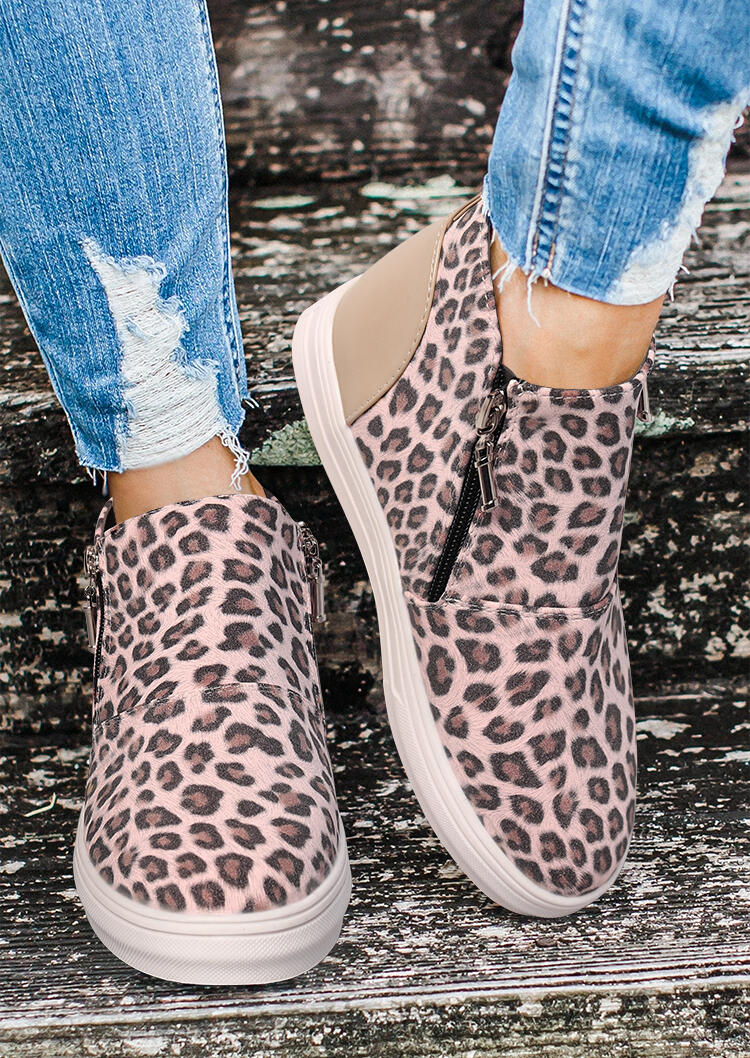

Leopard Splicing Zipper Round Toe Ankle Boots, 486221