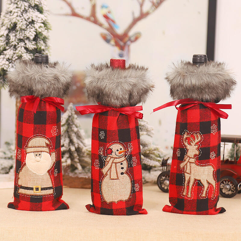 

Christmas Santa Reindeer Buffalo Plaid Plush Wine Bottle Cover, Pattern3, 486300
