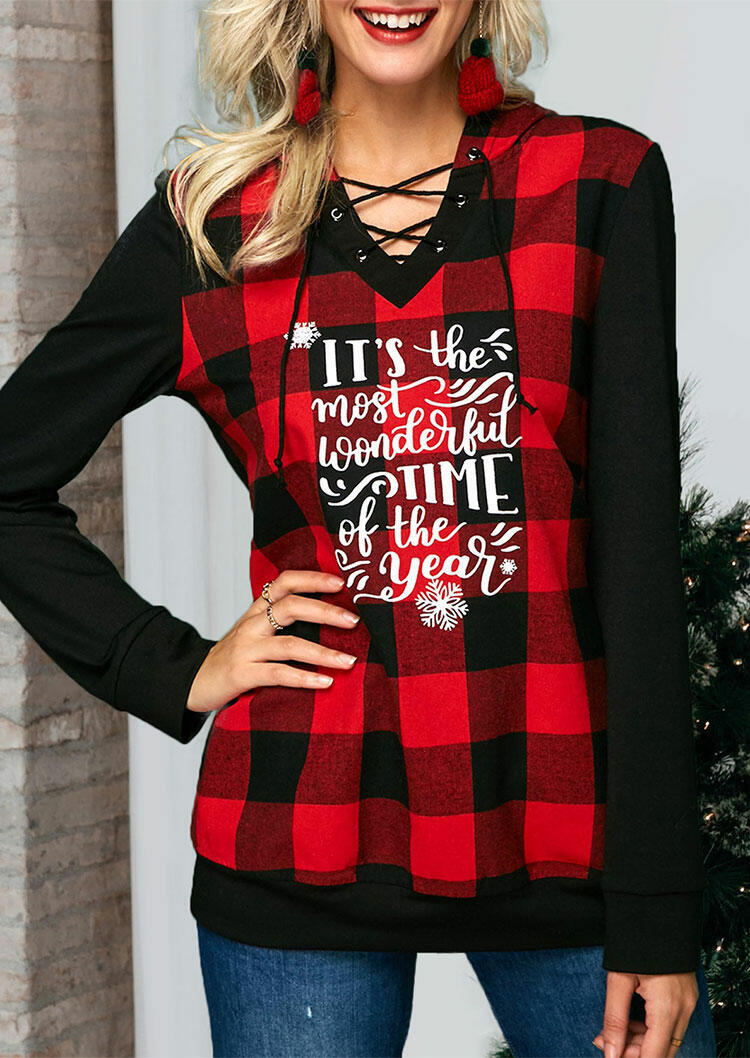 

Christmas Buffalo Plaid Wonderful Time Lace Up Hoodie - Red, 486314