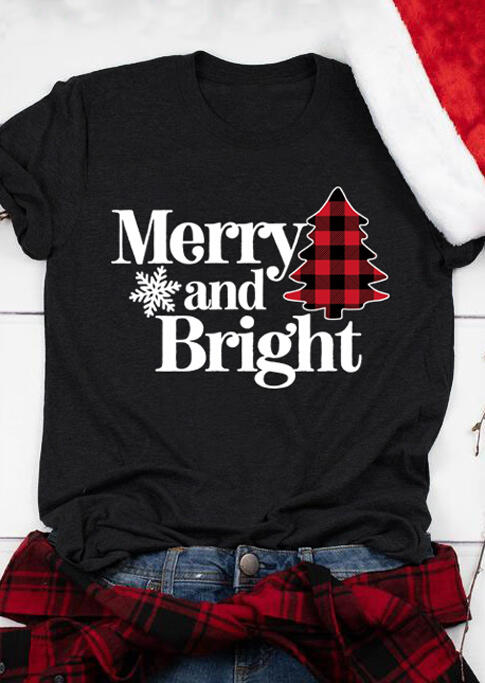 

Buffalo Plaid Christmas Tree Merry And Bright T-Shirt Tee - Black, 486327