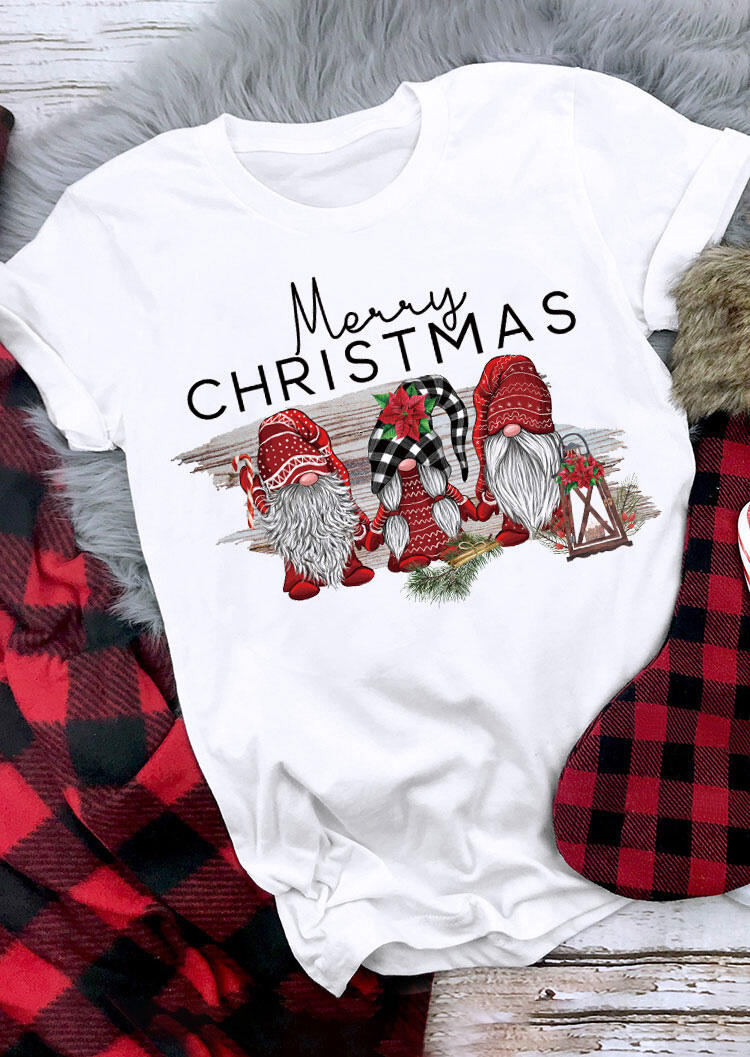 

Merry Christmas Gnomies Plaid Flower T-Shirt Tee - White, 486348